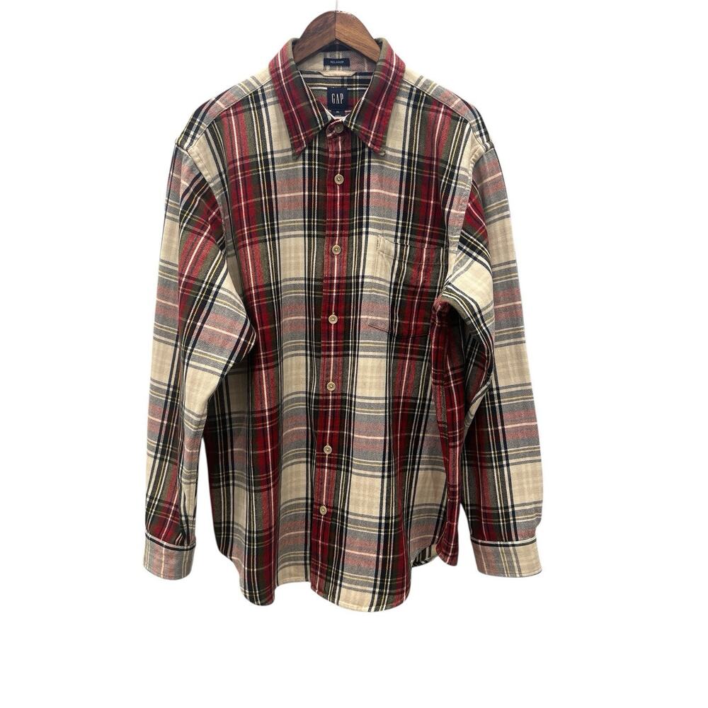 GAP Men’s XL Relaxed Fit Plaid Flannel Shirt Red Beige Black Long Sleeve Cotton